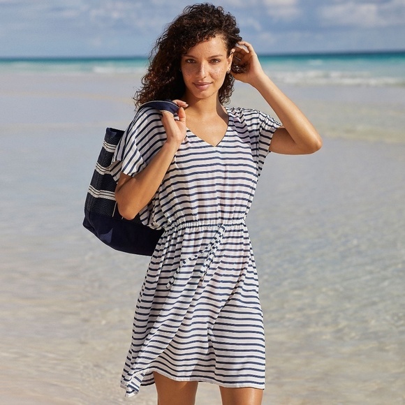 LANDS' END 100% Modal Navy and White Striped Drawstring Waist Cover-Up Size XL - Picture 1 of 9